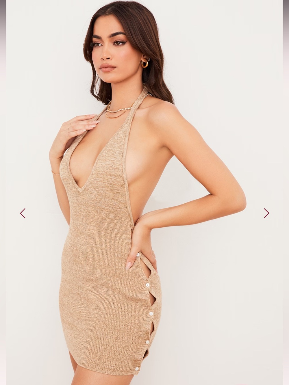 House of CB 'Milla' Sand Knit Halter Ribbed Mini Dress Open Back Size L